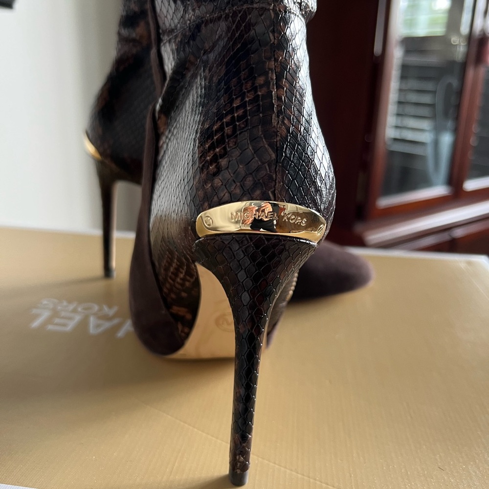 Michael Kors Stiletto Suede Snake Skin Brown Women Boots